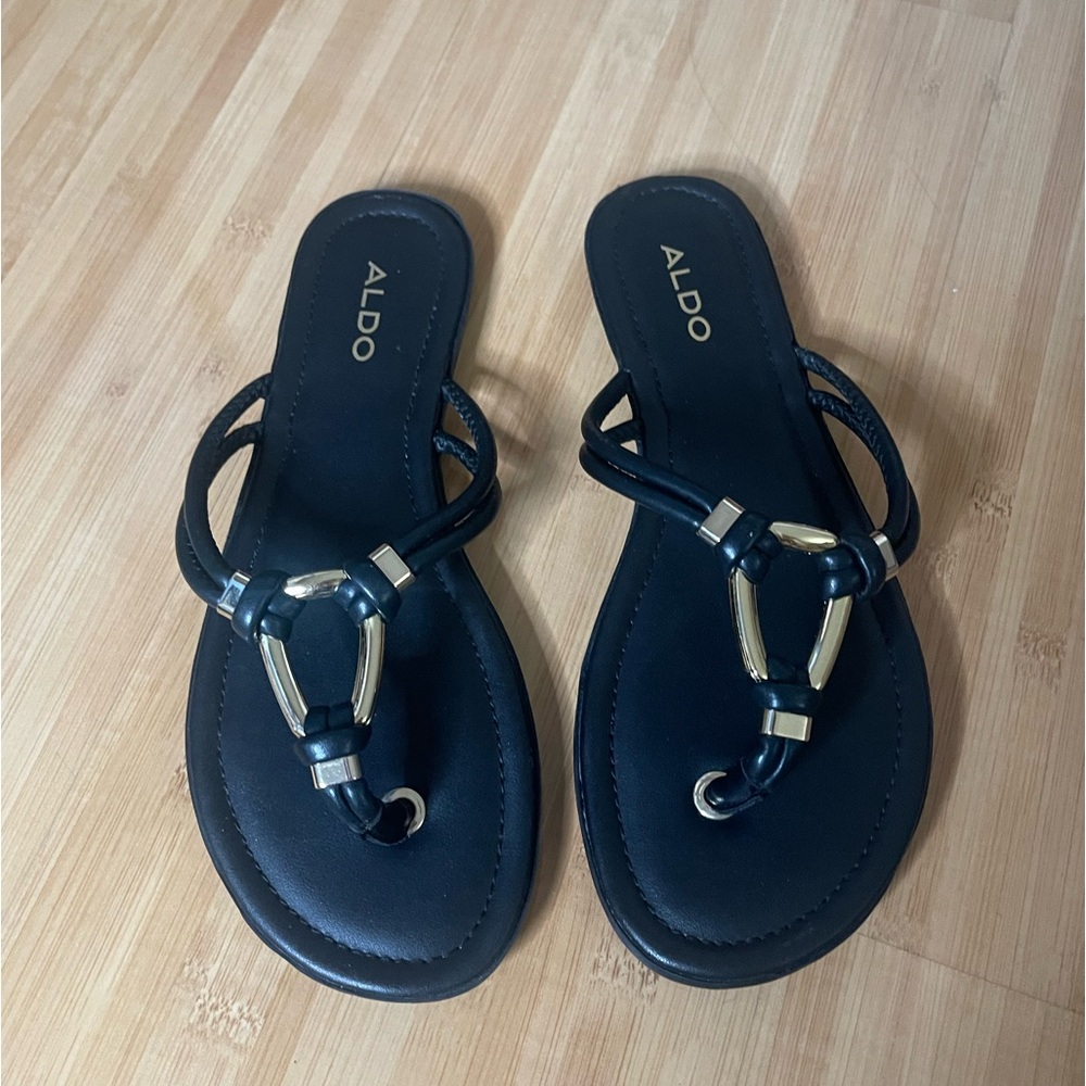 Aldo Black and Gold Sandals Flip-Flops